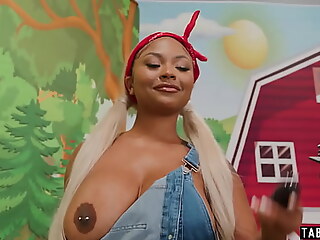 Busty farmgirl Eva Maxim milks and rides two shemale dicks expertly.